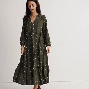 Madewell Tie Neck Tiered Midi Dress in Stardot, Green, Size Medium